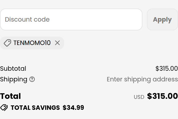 Simple Project checkout with code Tenmomo10 applied to a $349.99 skirted tall toilet: $34.99 off, total $315.00