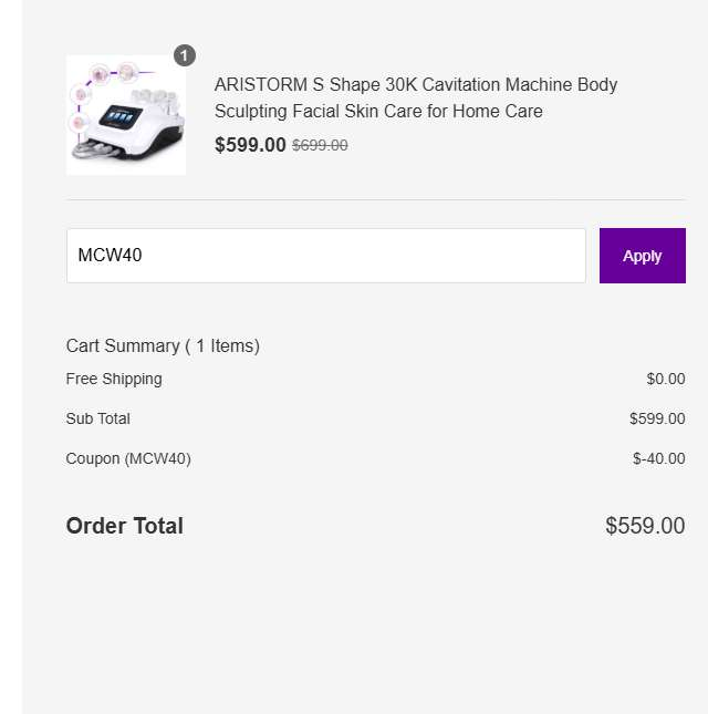 Mychway.com checkout with code MCW40 applied: subtotal $599.00, $40.00 off, total $559.00