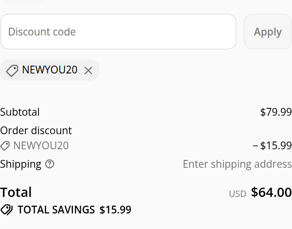SONIA HOU Jewelry checkout with code NEWYOU20 applied: subtotal $79.99, order discount $15.99, total USD $64.00