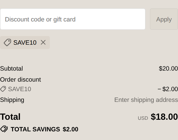 Stumptown Coffee Roasters checkout with code SAVE10 applied: subtotal $20.00, order discount $2.00, total USD $18.00