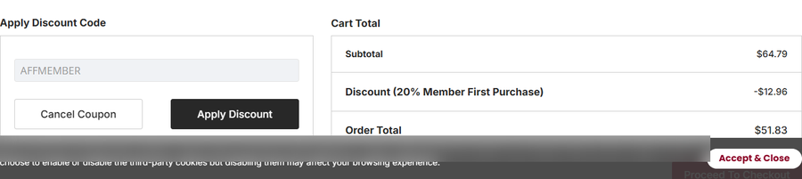 Stylevana cart with code AFFMEMBER applied: subtotal $64.79, Discount (20% Member First Purchase) $12.96, order total $51.83