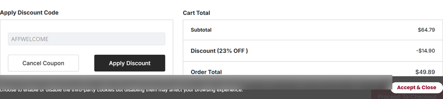 Stylevana cart with code AFFWELCOME applied: subtotal $64.79, Discount (23% OFF) $14.90, order total $49.89