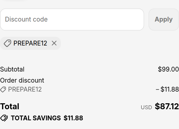 Survive X checkout with code PREPARE12 applied to M.A.R.C.H. Trauma First Aid Course: $11.88 off, total $87.12