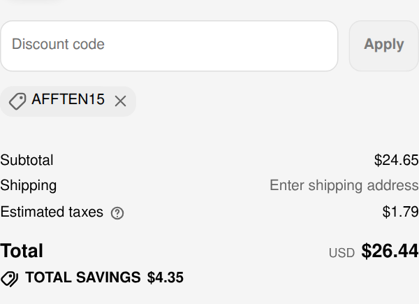 Suunto checkout with code AFFTEN15 applied: subtotal $24.65, total savings $4.35, total $26.44 with estimated tax