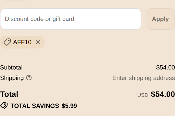 Tonum checkout with code AFF10 applied to motus - 1 month supply: $5.99 off, total $54.00