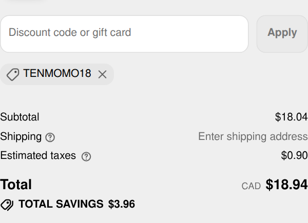 Tuff Collection checkout with code TENMOMO18 applied to Unisex Essential Crew Sock - 3 Pack - White / S: CA$3.96 off, total CA$18.94