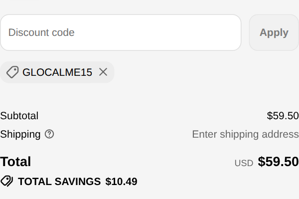 GlocalMe checkout with code glocalme15 applied to UniCord Plus - The Ultimate 3-in-1 Universal Tracker - Free 1 Month Trial Service: $10.49 off, total $59.50