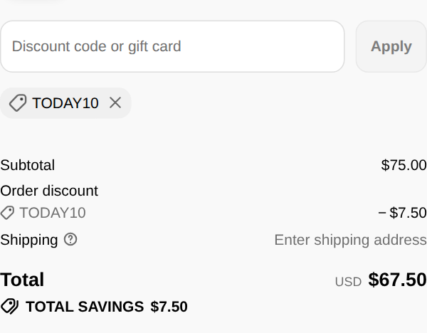 UPPER Brand checkout with code TODAY10 applied: subtotal $75.00, order discount $7.50, total USD $67.50