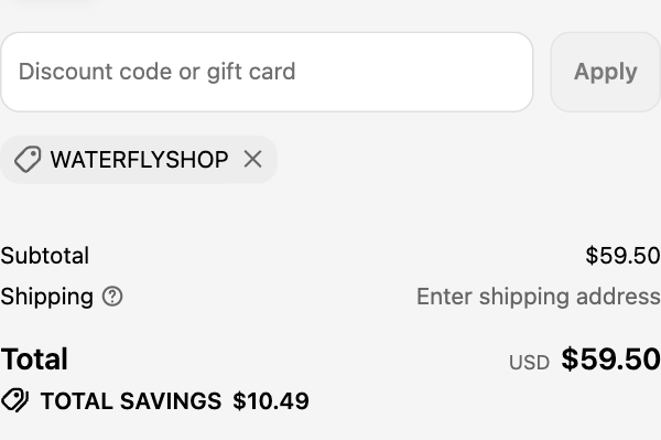 Waterfly checkout with code waterflyshop applied: total USD $59.50, total savings $10.49