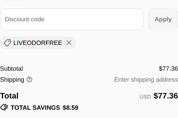 Live Odor Free checkout with code LIVEODORFREE applied to a 24/7 Mini Odor Eliminator System Kit: $8.59 off, total $77.36
