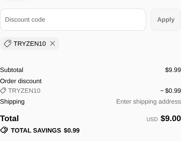 ZenCBD+ checkout with code TryZen10 applied to Fruit Punch Shot: $0.99 off, total $9.00