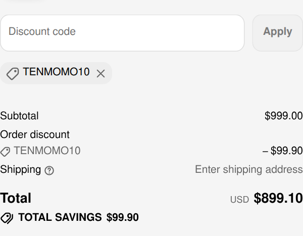 ZONVEER checkout with code TENMOMO10 applied: subtotal $999.00, $99.90 off, total $899.10