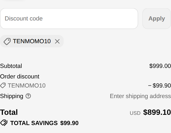 ZONVEER checkout with code TENMOMO10 applied to Zonveer DX1 Electric Mini Dirt Bike: $99.90 off, total $899.10