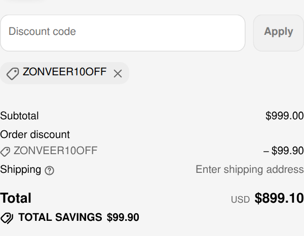 ZONVEER checkout with code ZONVEER10OFF applied to Zonveer DX1 Electric Mini Dirt Bike 278N.M Torque: $99.90 off, total $899.10