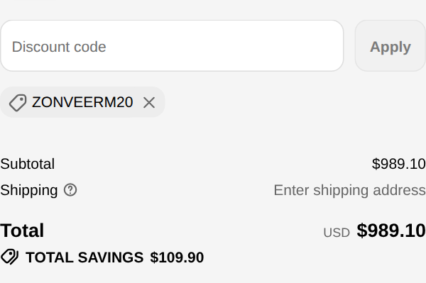 ZONVEER checkout with code ZONVEERM20 applied to Zonveer M20 All-Terrain Long-Range Electric Bike: total $989.10, total savings $109.90